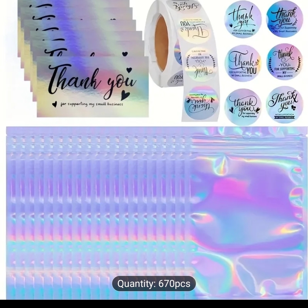670 Count Holographic Thank You Cards/ Stickers & Bags Bundle New